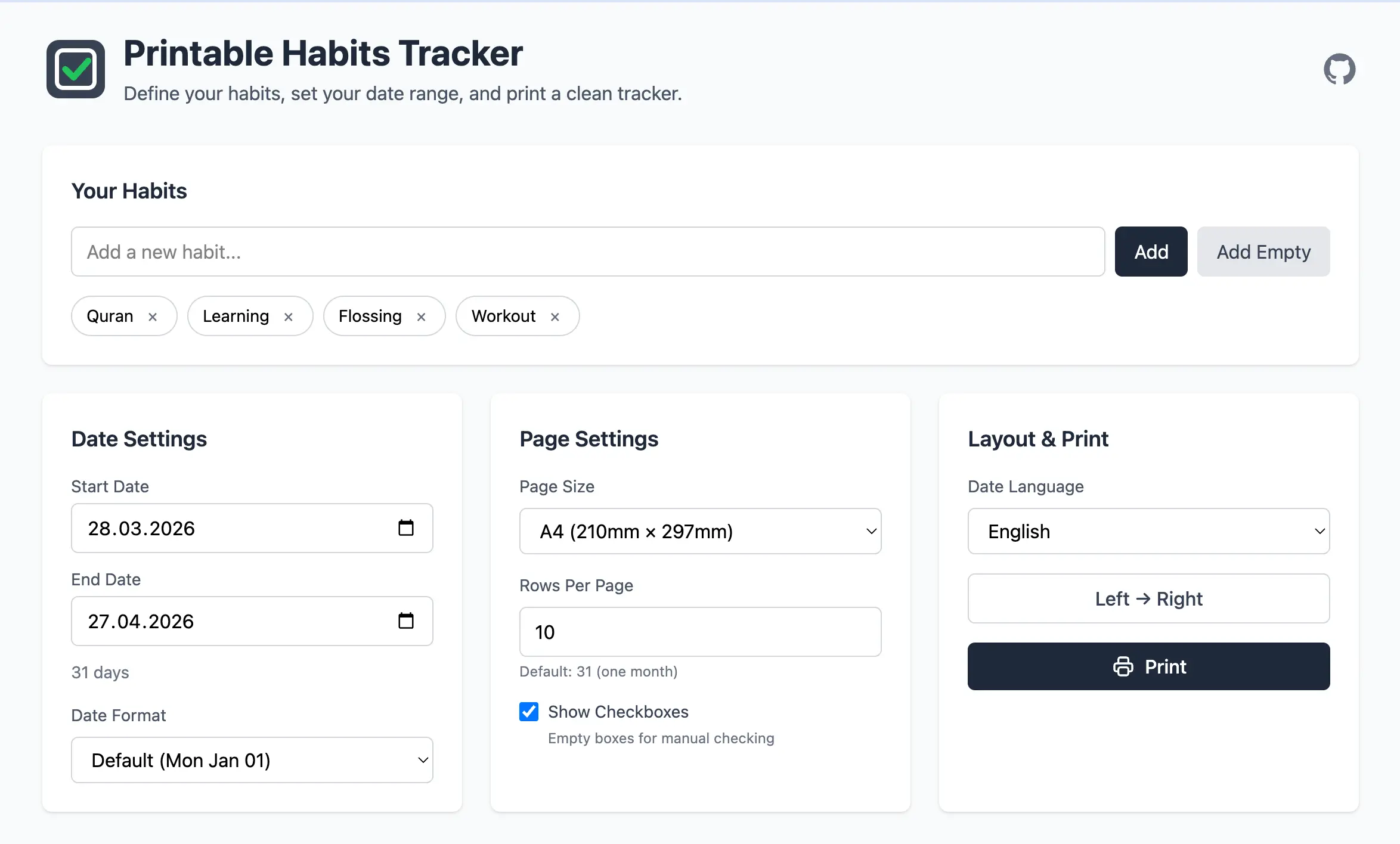 Printable Habit Tracker